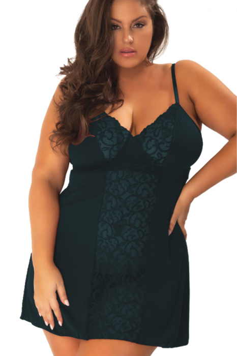 Set sexy cu dantela si aspect satin, camasa de noapte si chiloti tanga TY-PLUS79negru [1]