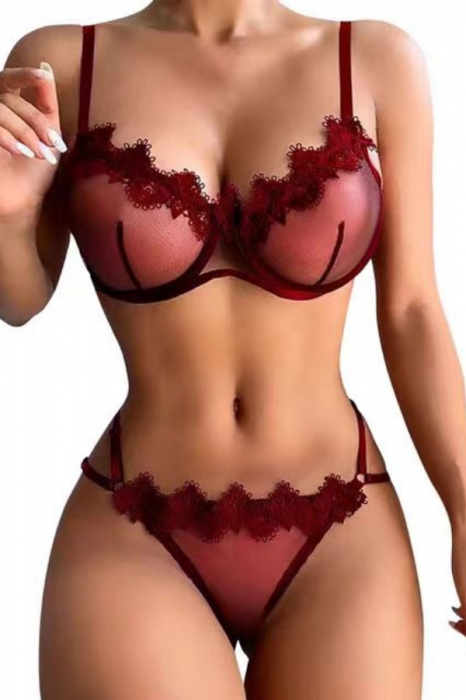 Set lenjerie sexy cu dantela brodata, sutien si chiloti tanga TY-LX79visiniu [1]