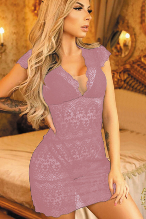 Set lenjerie sexy cu dantela, camasa de noapte si chiloti tanga TY-S471roz inchis [4]