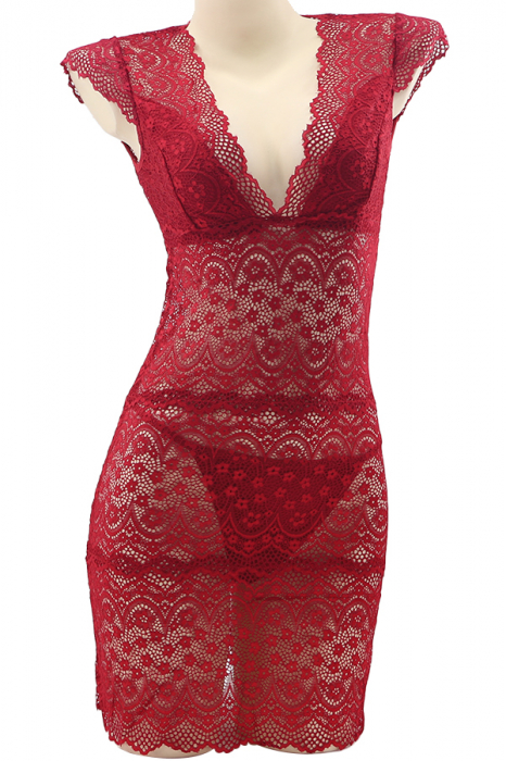 Set lenjerie sexy cu dantela, camasa de noapte si chiloti tanga TY-S471visiniu [2]