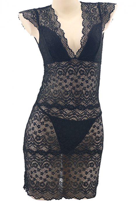 Set lenjerie sexy cu dantela, camasa de noapte si chiloti tanga TY-S471negru [2]