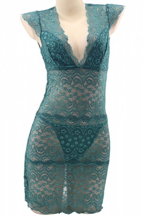 Set lenjerie sexy cu dantela, camasa de noapte si chiloti tanga TY-S471verde [2]