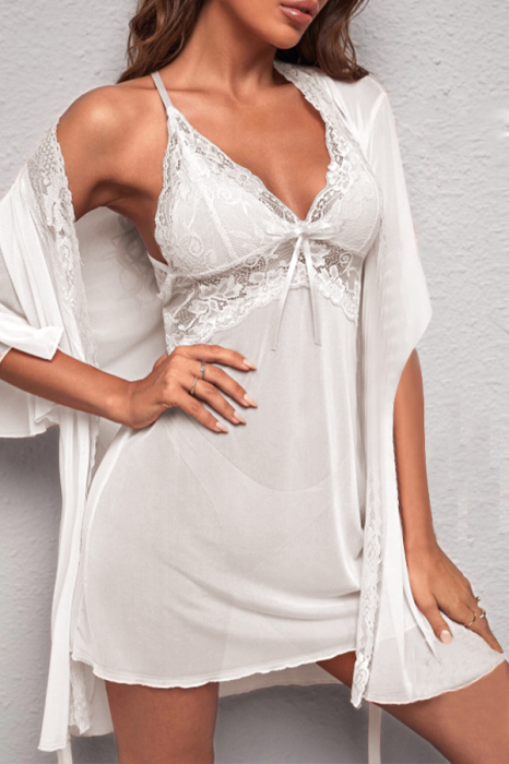 Set lenjerie sexy cu dantela, halat, camasa de noapte si chiloti tanga TY-664alb [2]