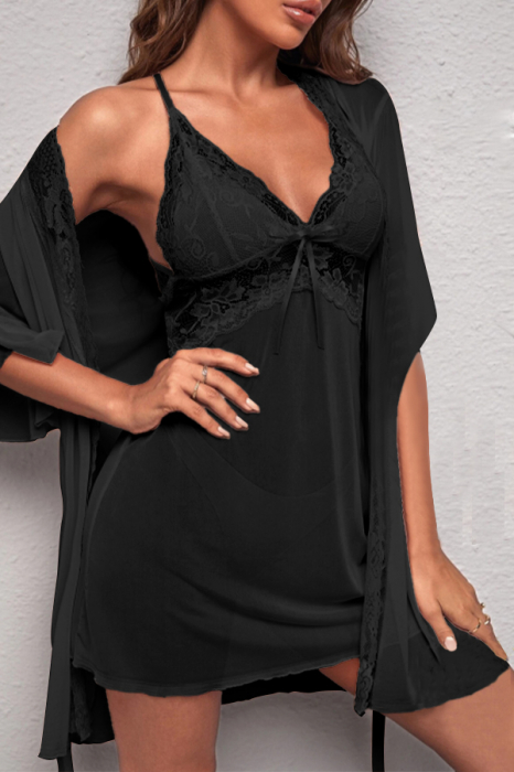 Set lenjerie sexy cu dantela, halat, camasa de noapte si chiloti tanga TY-664negru [2]