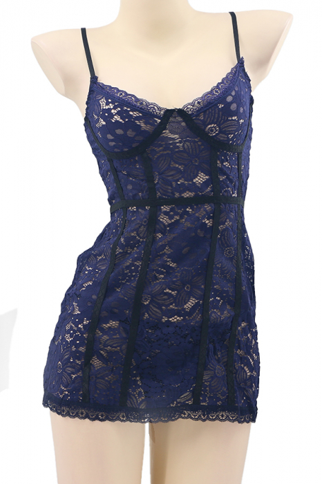Set lenjerie sexy cu dantela, rochita si chiloti tanga TY-S262bleumarin [2]