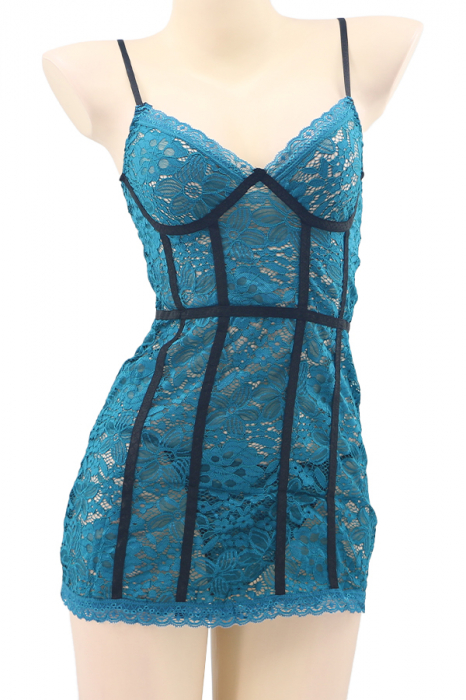 Set lenjerie sexy cu dantela, rochita si chiloti tanga TY-S262turcoaz [2]