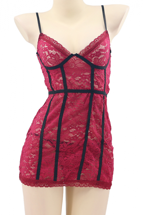 Set lenjerie sexy cu dantela, rochita si chiloti tanga TY-S262visiniu [2]
