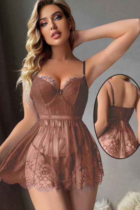 Set lenjerie sexy cu dantela, rochita si chiloti tanga TY-S725maro [4]