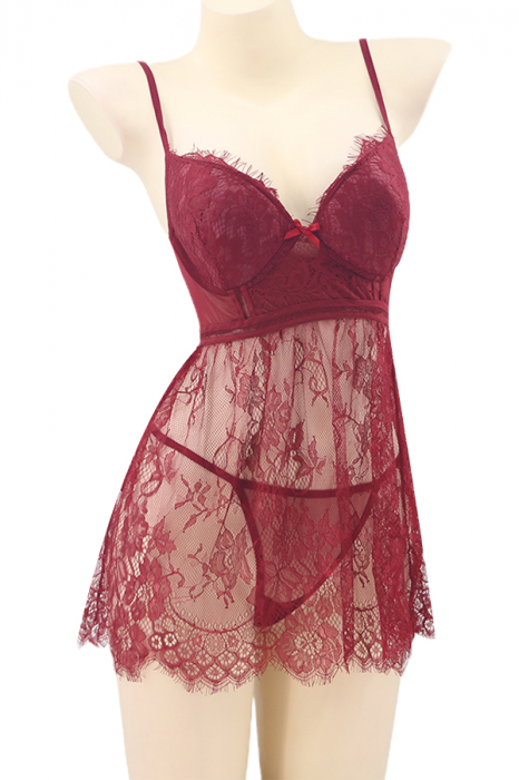 Set lenjerie sexy cu dantela, rochita si chiloti tanga TY-S725visiniu [2]
