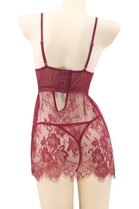 Set lenjerie sexy cu dantela, rochita si chiloti tanga TY-S725visiniu [3]