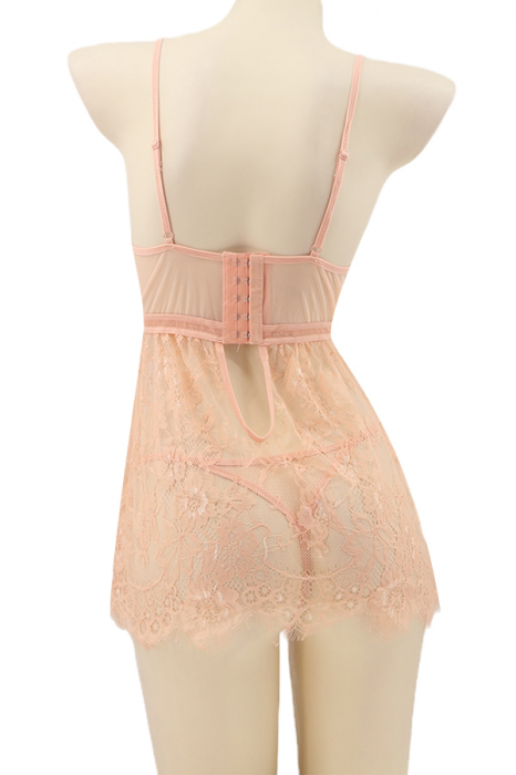 Set lenjerie sexy cu dantela, rochita si chiloti tanga TY-S725roz deschis [2]