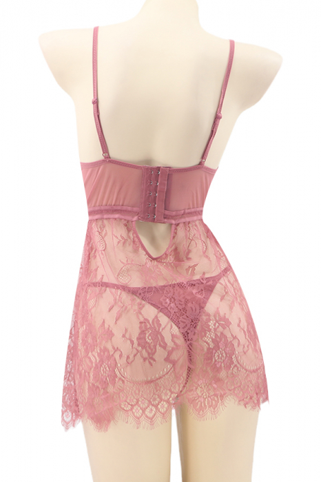 Set lenjerie sexy cu dantela, rochita si chiloti tanga TY-S725roz inchis [3]