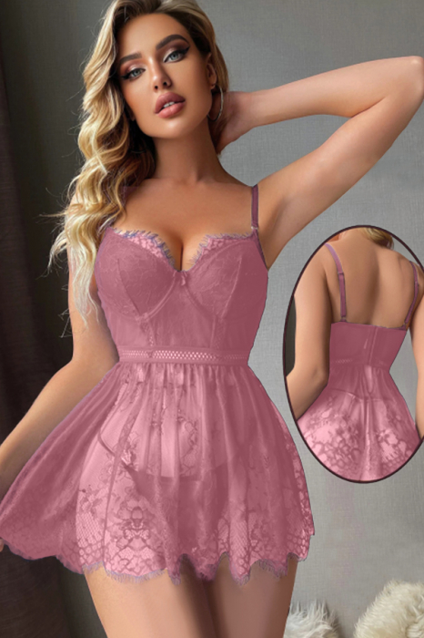 Set lenjerie sexy cu dantela, rochita si chiloti tanga TY-S725roz inchis [4]