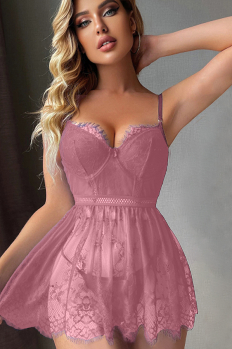 Set lenjerie sexy cu dantela, rochita si chiloti tanga TY-S725roz inchis [5]
