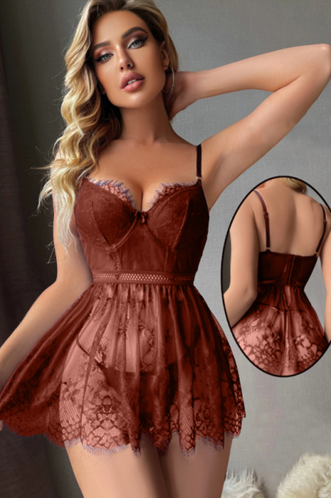 Set lenjerie sexy cu dantela, rochita si chiloti tanga TY-S725visiniu [4]