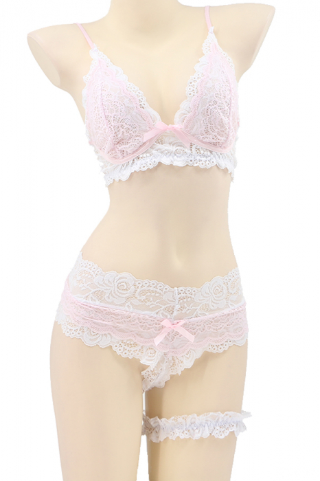 Set lenjerie sexy cu dantela, sutien, chiloti brazilieni si accesoriu TY-LX133roz [2]