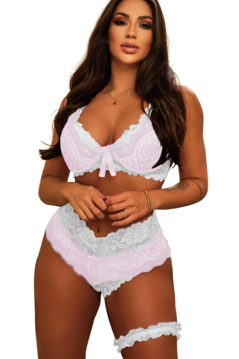Set lenjerie sexy cu dantela, sutien, chiloti brazilieni si accesoriu TY-LX133roz [1]