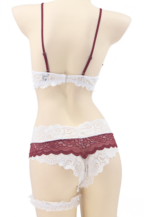 Set lenjerie sexy cu dantela, sutien, chiloti brazilieni si accesoriu TY-LX133visiniu [3]