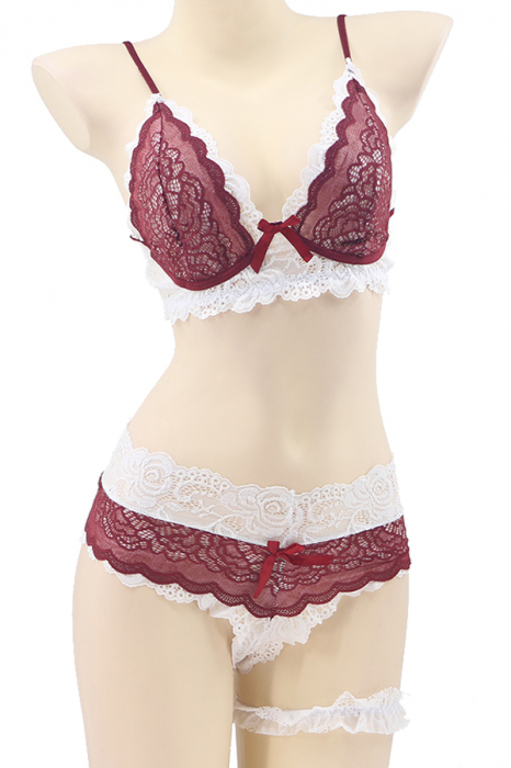 Set lenjerie sexy cu dantela, sutien, chiloti brazilieni si accesoriu TY-LX133visiniu [2]