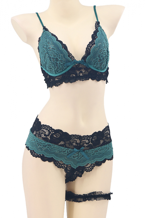 Set lenjerie sexy cu dantela, sutien, chiloti brazilieni si accesoriu TY-LX133verde [2]