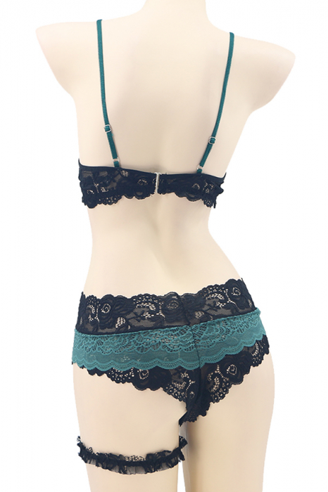 Set lenjerie sexy cu dantela, sutien, chiloti brazilieni si accesoriu TY-LX133verde [3]