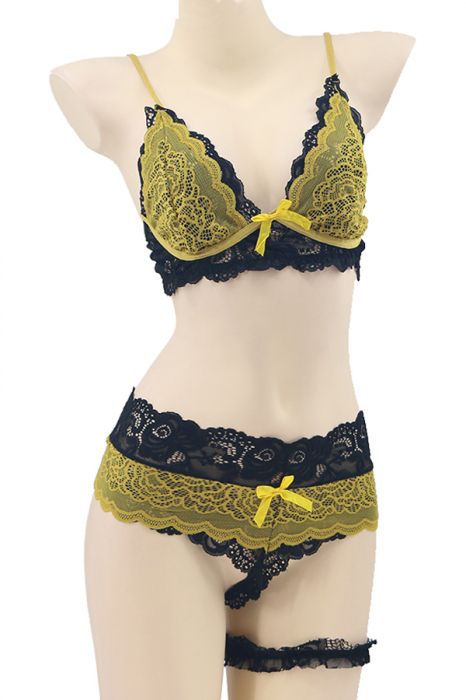 Set lenjerie sexy cu dantela, sutien, chiloti brazilieni si accesoriu TY-LX133galben [2]