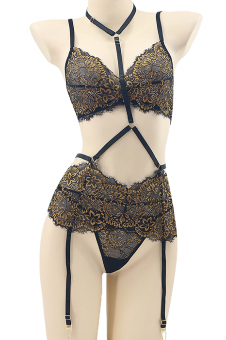 Set lenjerie sexy cu dantela, sutien, portjartier si chiloti tanga TY-LX140galben [2]