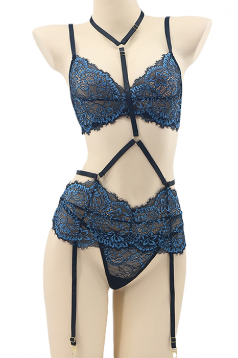 Set lenjerie sexy cu dantela, sutien, portjartier si chiloti tanga TY-LX140albastru [2]