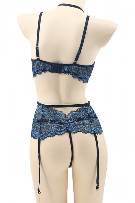 Set lenjerie sexy cu dantela, sutien, portjartier si chiloti tanga TY-LX140albastru [3]