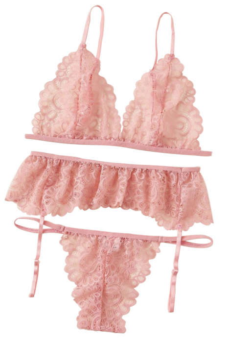 Set lenjerie sexy cu dantela, sutien, portjartier si chiloti tanga TY-LX61roz inchis [4]