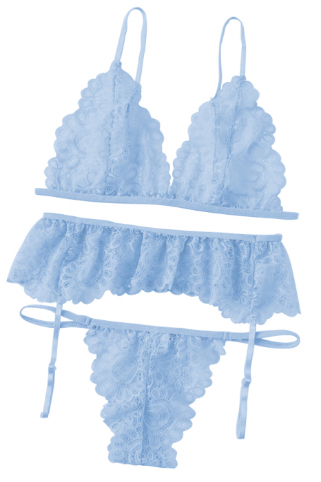 Set lenjerie sexy cu dantela, sutien, portjartier si chiloti tanga TY-LX61albastru [4]