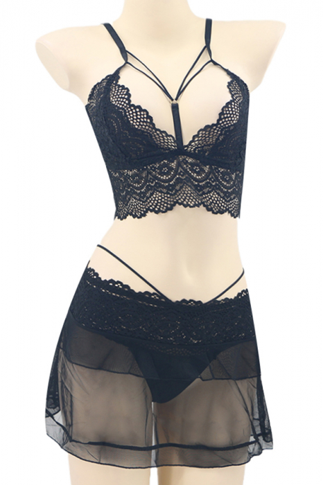 Set lenjerie sexy cu dantela, top, fustita si chiloti tanga TY-LX130negru [2]