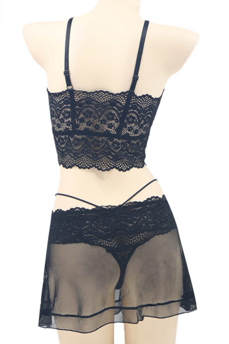 Set lenjerie sexy cu dantela, top, fustita si chiloti tanga TY-LX130negru [3]