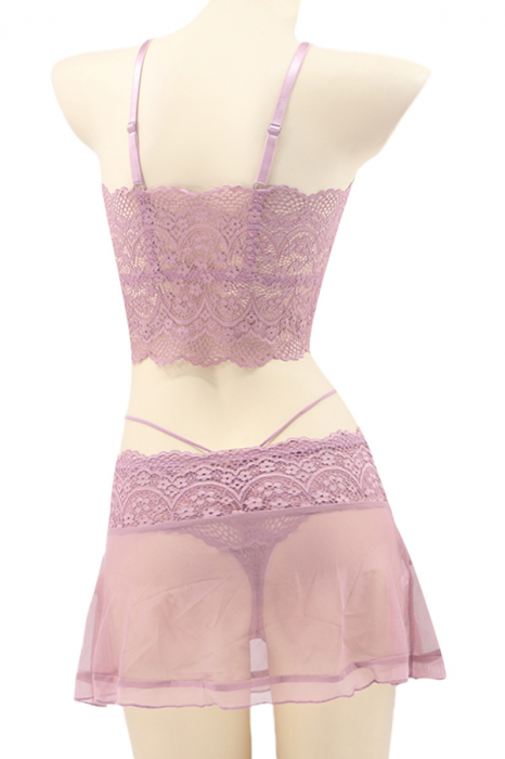 Set lenjerie sexy cu dantela, top, fustita si chiloti tanga TY-LX130roz [3]