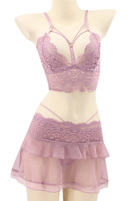 Set lenjerie sexy cu dantela, top, fustita si chiloti tanga TY-LX130roz [2]