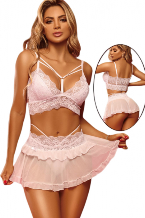 Set lenjerie sexy cu dantela, top, fustita si chiloti tanga TY-LX130roz [4]