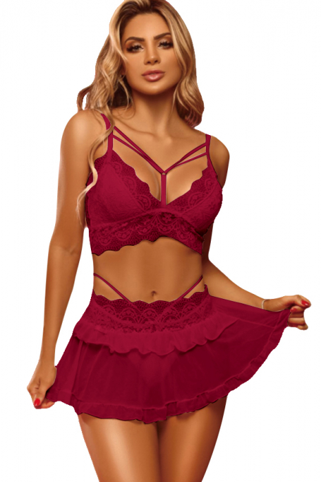 Set lenjerie sexy cu dantela, top, fustita si chiloti tanga TY-LX130visiniu [1]