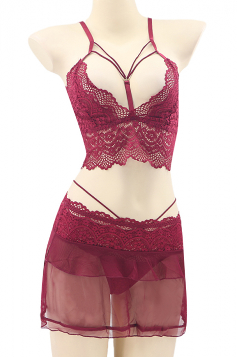 Set lenjerie sexy cu dantela, top, fustita si chiloti tanga TY-LX130visiniu [2]