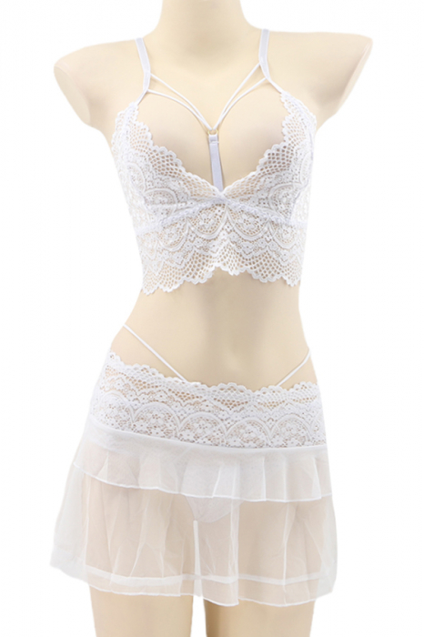 Set lenjerie sexy cu dantela, top, fustita si chiloti tanga TY-LX130alb [2]