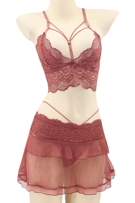 Set lenjerie sexy cu dantela, top, fustita si chiloti tanga TY-LX130caramiziu [2]