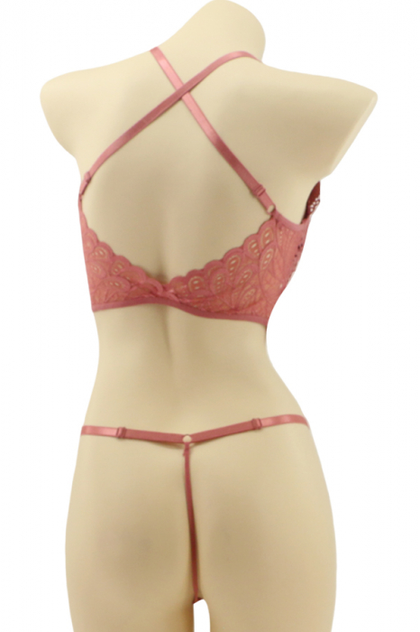 Set lenjerie sexy cu broderie, top si chiloti tanga MG-37619roz inchis [2]