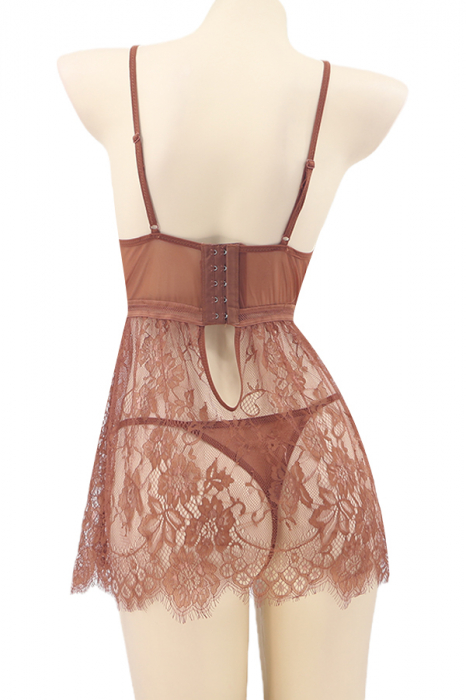 Set lenjerie sexy cu dantela, rochita si chiloti tanga TY-S725maro [3]