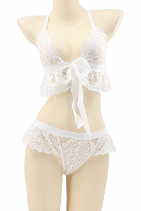 Set lenjerie sexy cu dantela, top si chiloti tanga tip fustita TY-LX118alb [2]