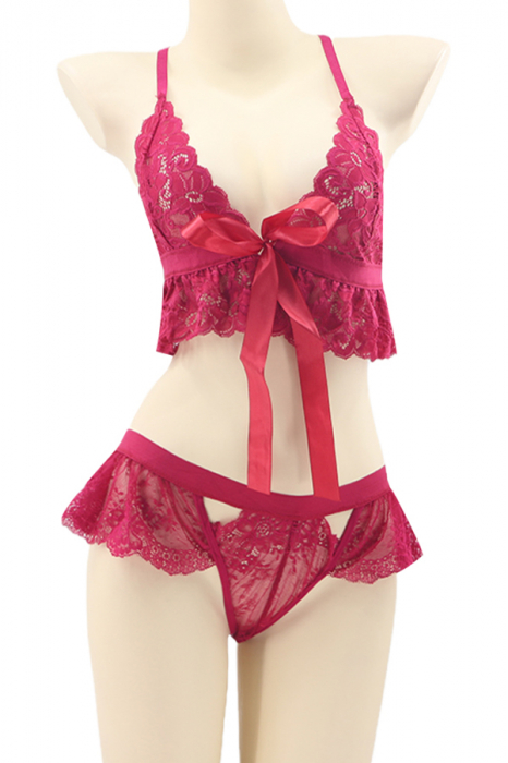 Set lenjerie sexy cu dantela, top si chiloti tanga tip fustita TY-LX118roz inchis [2]