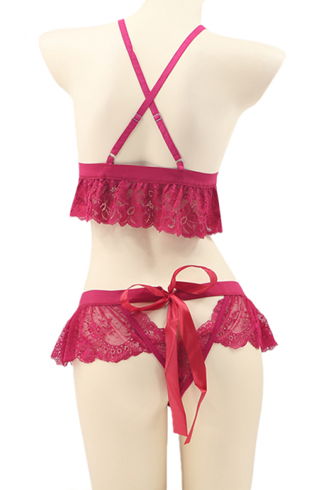 Set lenjerie sexy cu dantela, top si chiloti tanga tip fustita TY-LX118roz inchis [3]