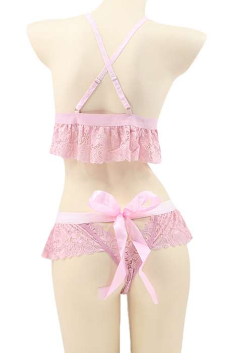 Set lenjerie sexy cu dantela, top si chiloti tanga tip fustita TY-LX118roz deschis [3]