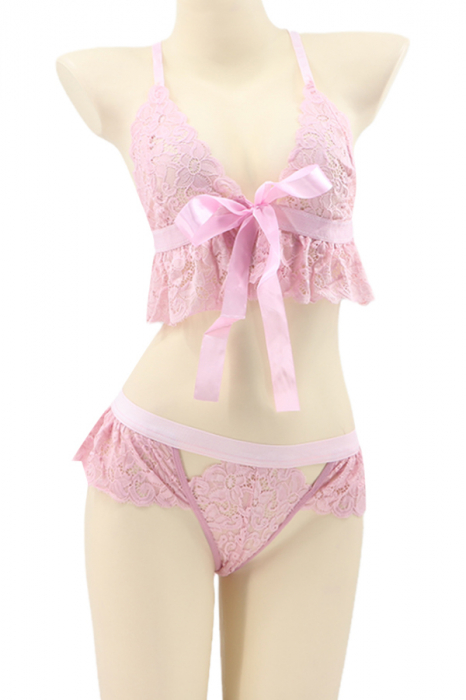 Set lenjerie sexy cu dantela, top si chiloti tanga tip fustita TY-LX118roz deschis [2]