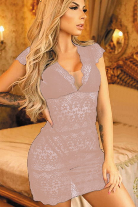 Set lenjerie sexy cu dantela, camasa de noapte si chiloti tanga TY-S471roz deschis [4]