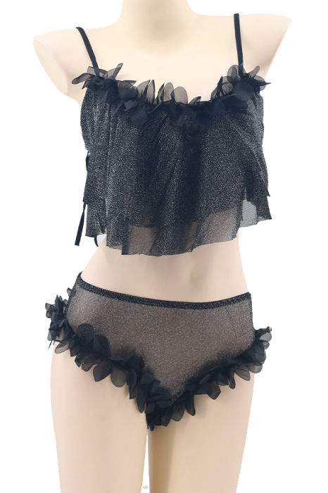 Set lenjerie sexy cu detalii sclipitoare, top si chiloti brazilieni TY-S461negru [2]
