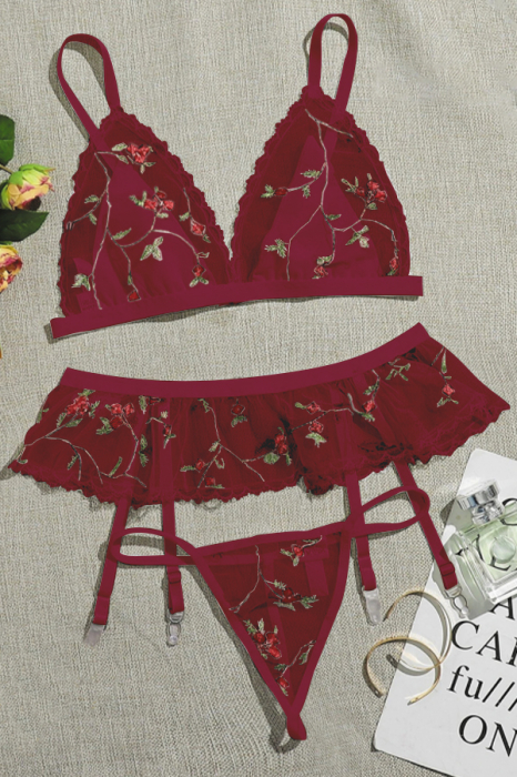 Set lenjerie sexy cu motiv floral, sutien, chiloti tanga si portjartiera TY-LX62visiniu [3]